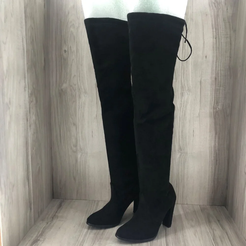 Over The Knee Boots EU 38 Black Faux Fur Lined OTK Slip On